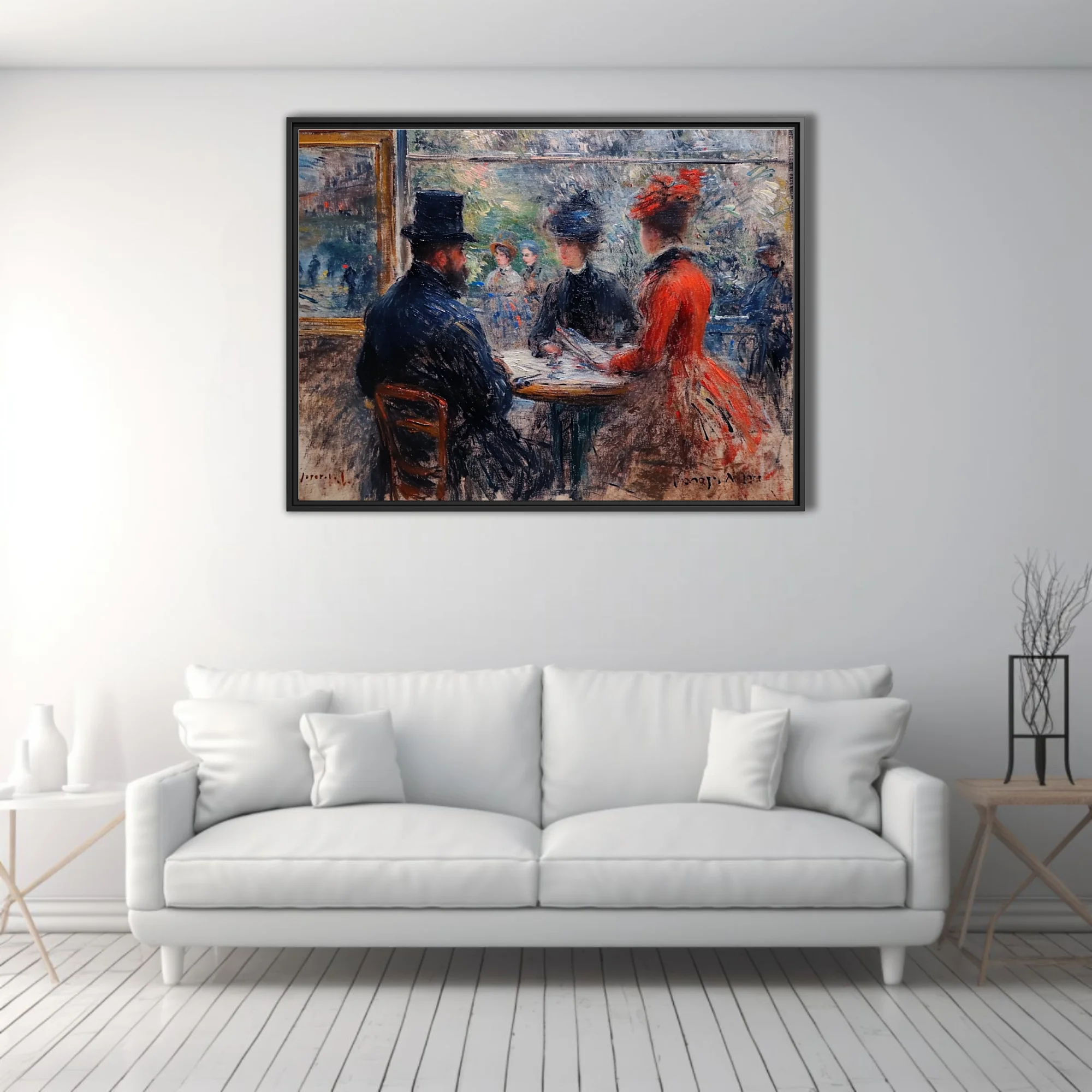 Soft painterly Parisian café scene with seated figures, top hat, red dress, dappled boulevard view