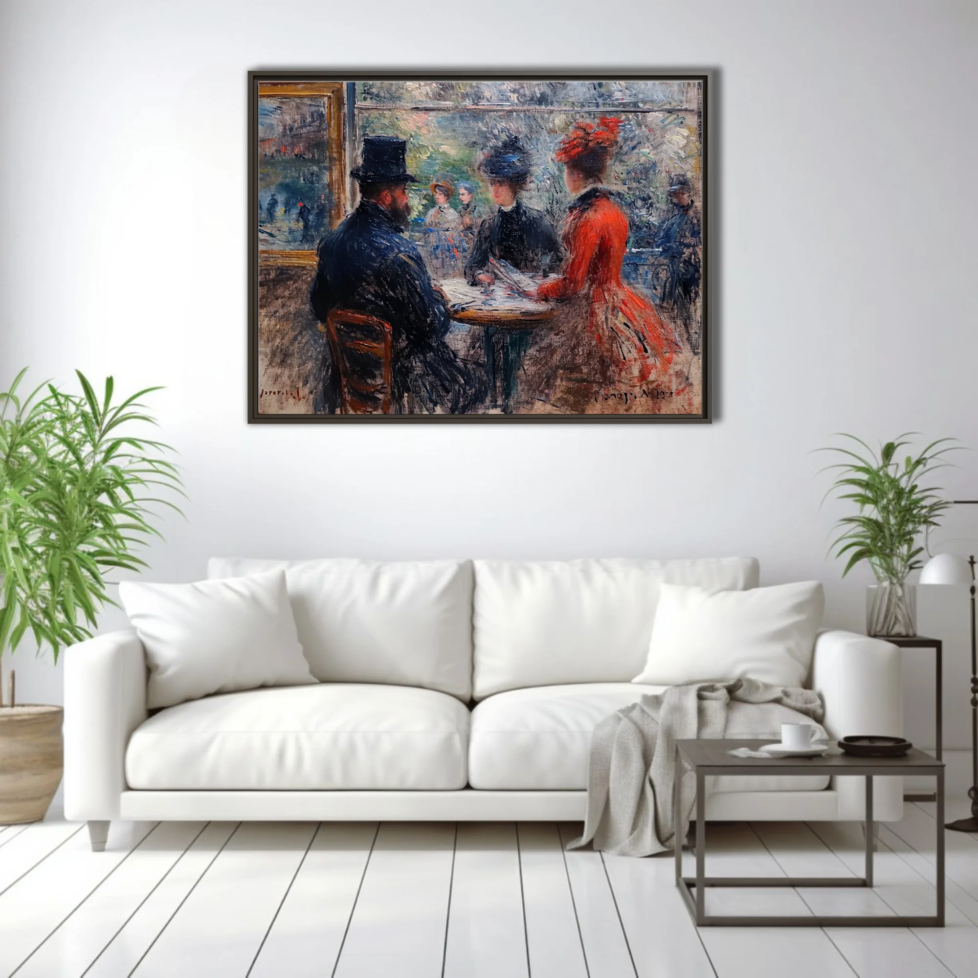 Soft painterly Parisian café scene with seated figures, top hat, red dress, dappled boulevard view