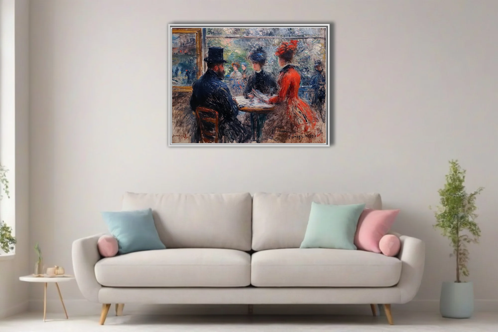 Soft painterly Parisian café scene with seated figures, top hat, red dress, dappled boulevard view