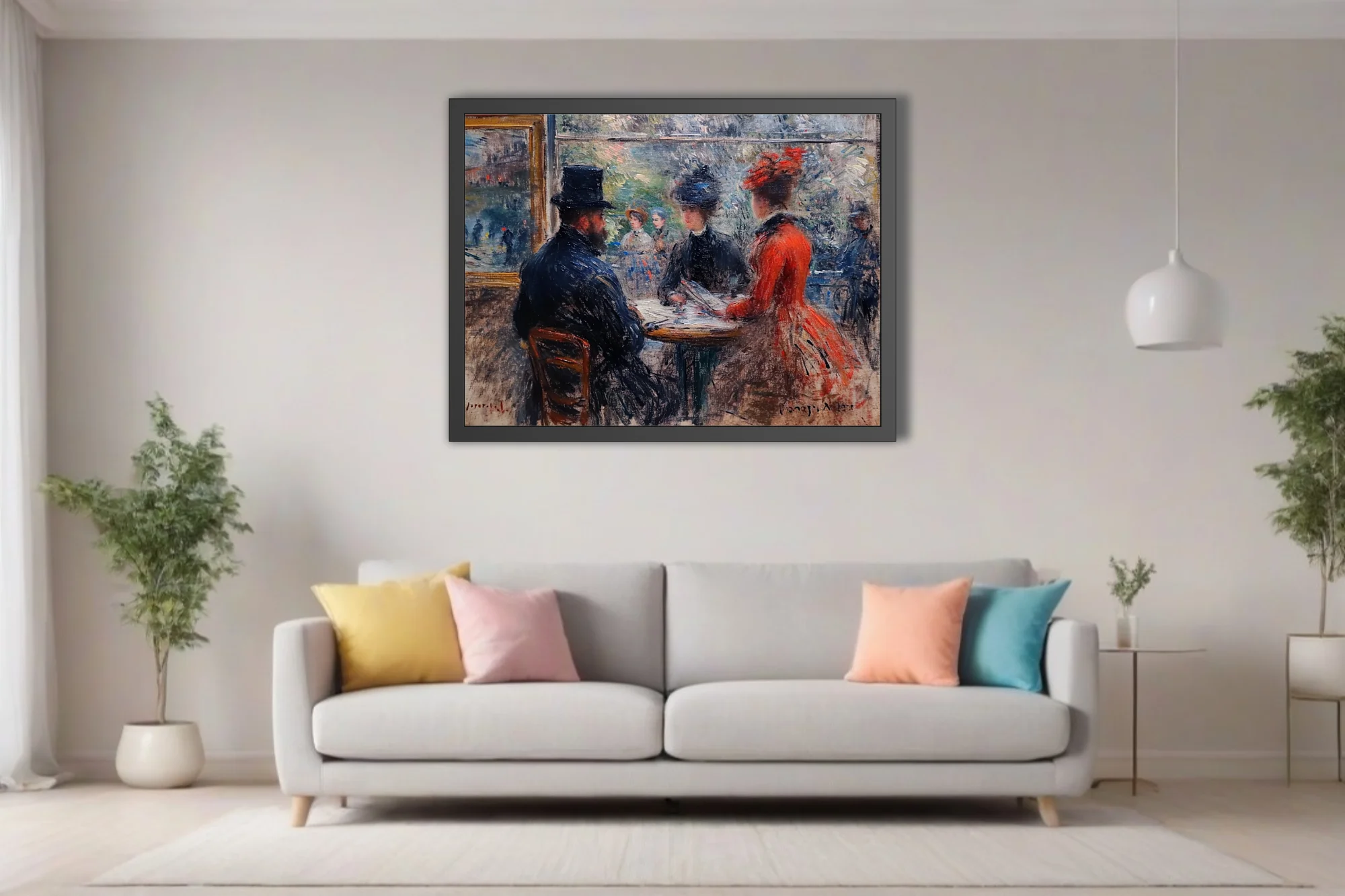 Soft painterly Parisian café scene with seated figures, top hat, red dress, dappled boulevard view