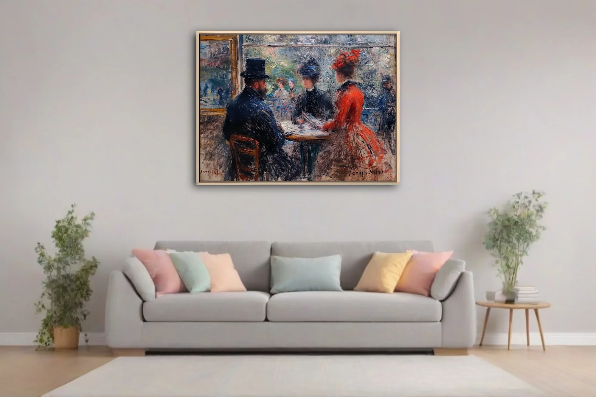 Soft painterly Parisian café scene with seated figures, top hat, red dress, dappled boulevard view