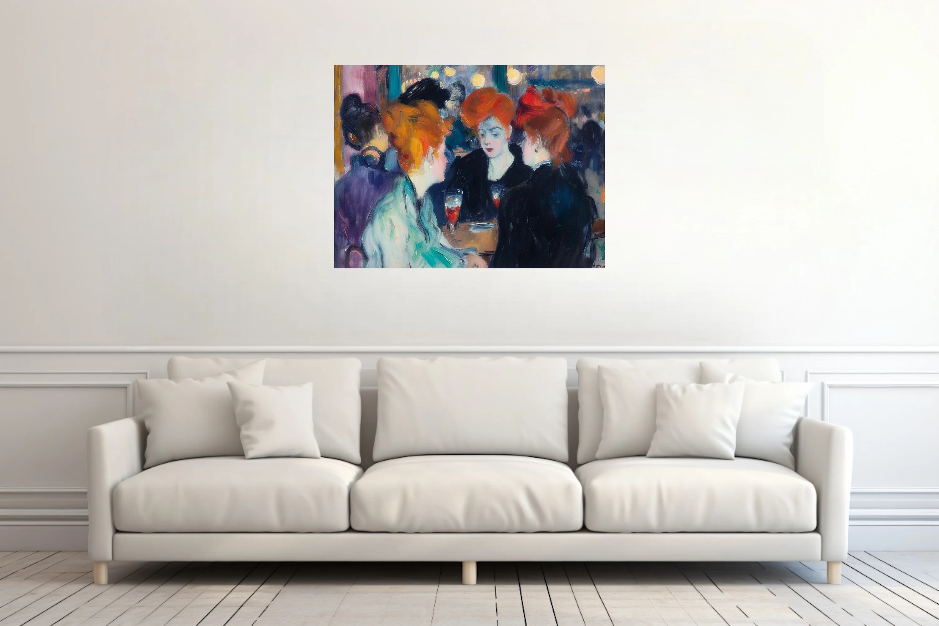 Expressive painterly café scene with copper-haired women, jewel tones and glowing lamps in belle-époque style