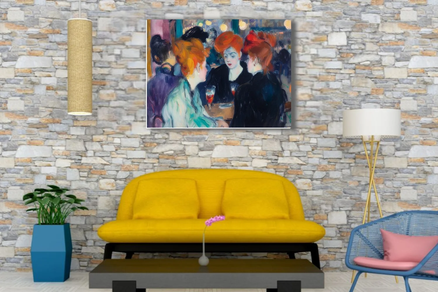 Expressive painterly café scene with copper-haired women, jewel tones and glowing lamps in belle-époque style