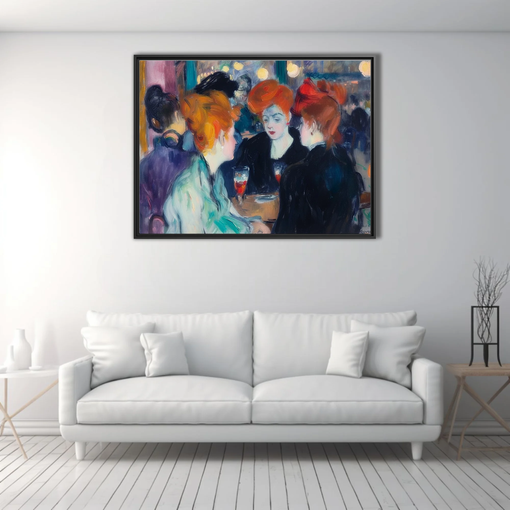 Expressive painterly café scene with copper-haired women, jewel tones and glowing lamps in belle-époque style