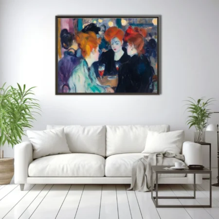 Expressive painterly café scene with copper-haired women, jewel tones and glowing lamps in belle-époque style