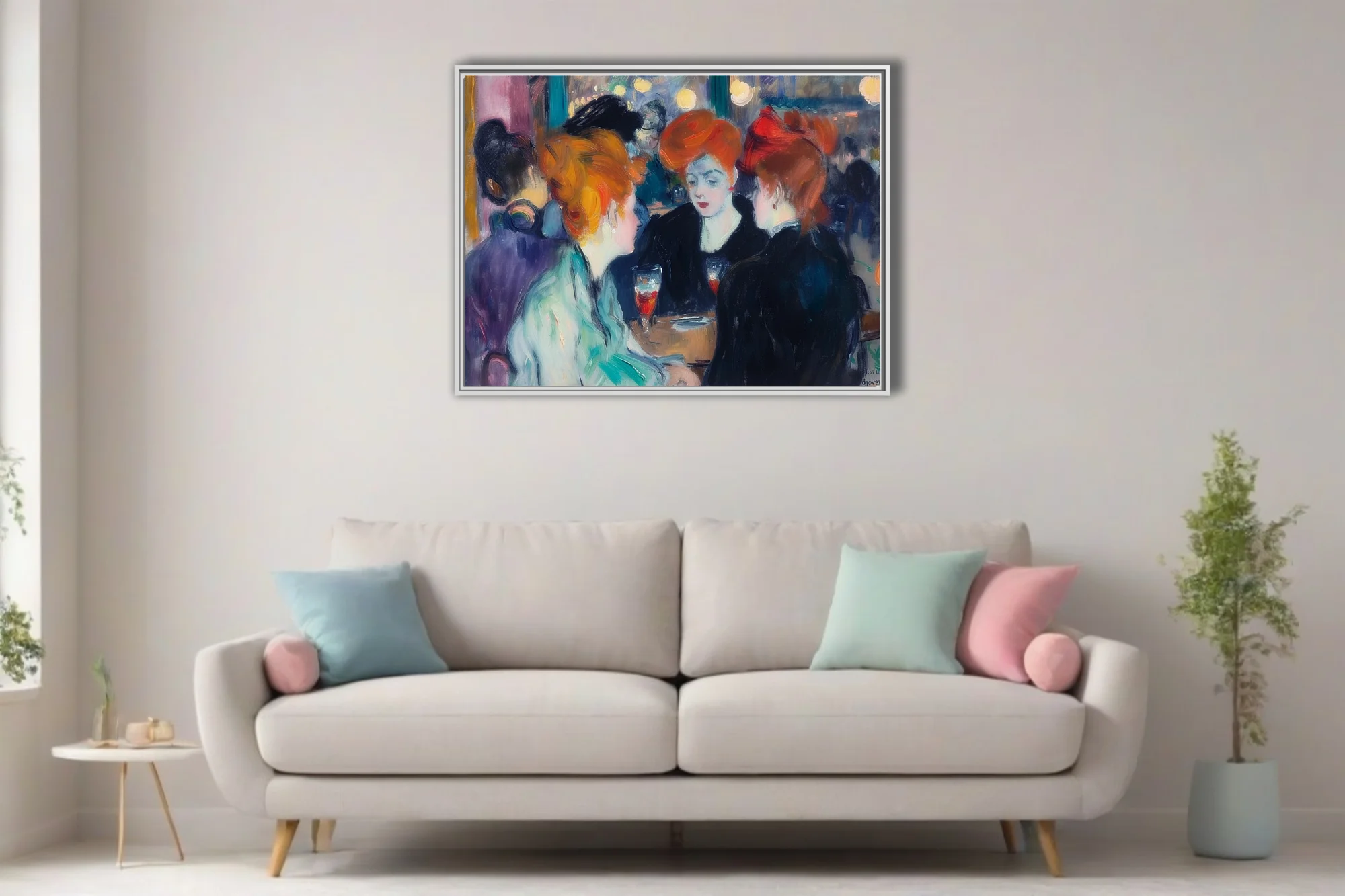 Expressive painterly café scene with copper-haired women, jewel tones and glowing lamps in belle-époque style