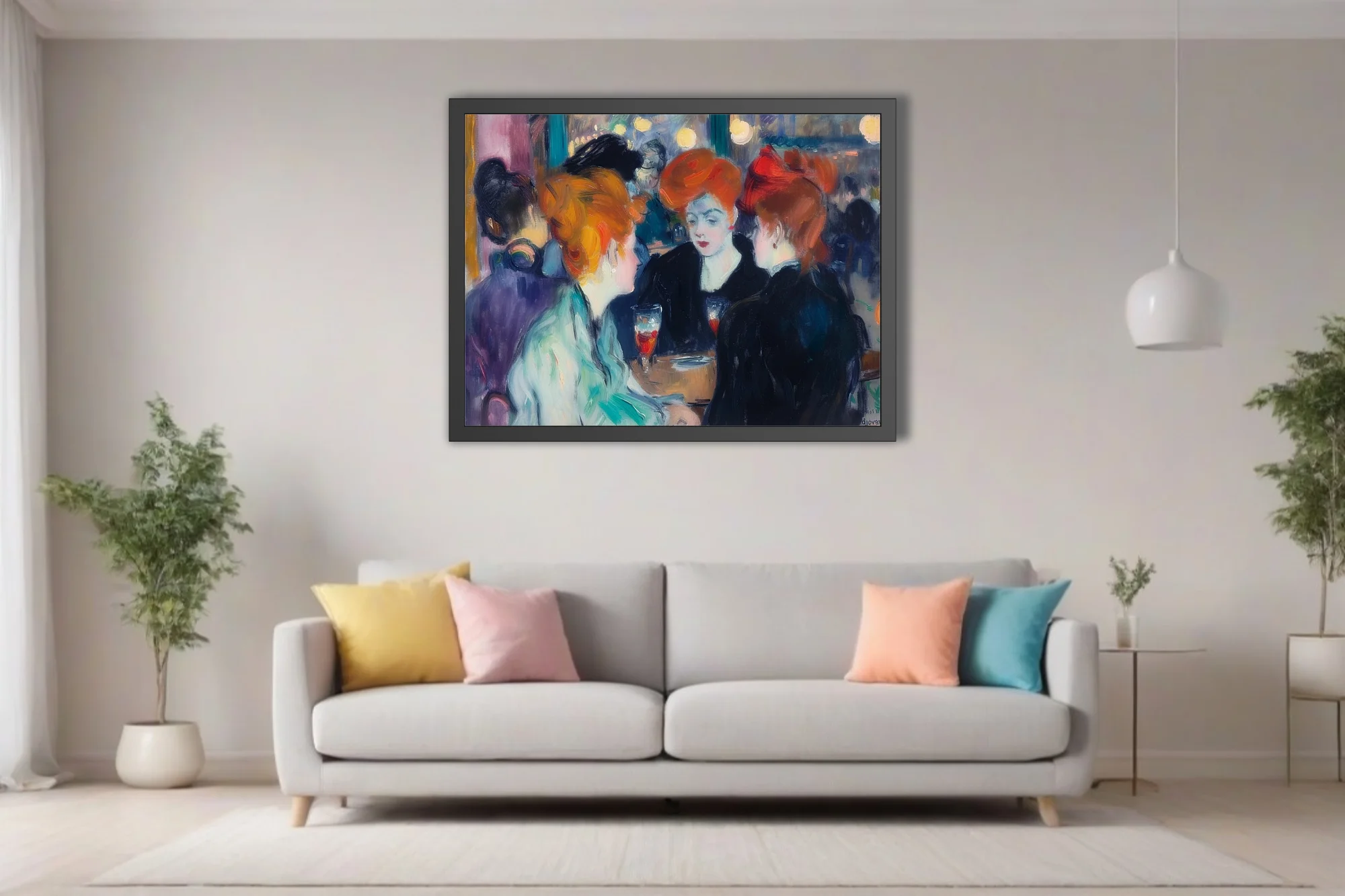 Expressive painterly café scene with copper-haired women, jewel tones and glowing lamps in belle-époque style