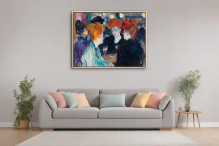 Expressive painterly café scene with copper-haired women, jewel tones and glowing lamps in belle-époque style