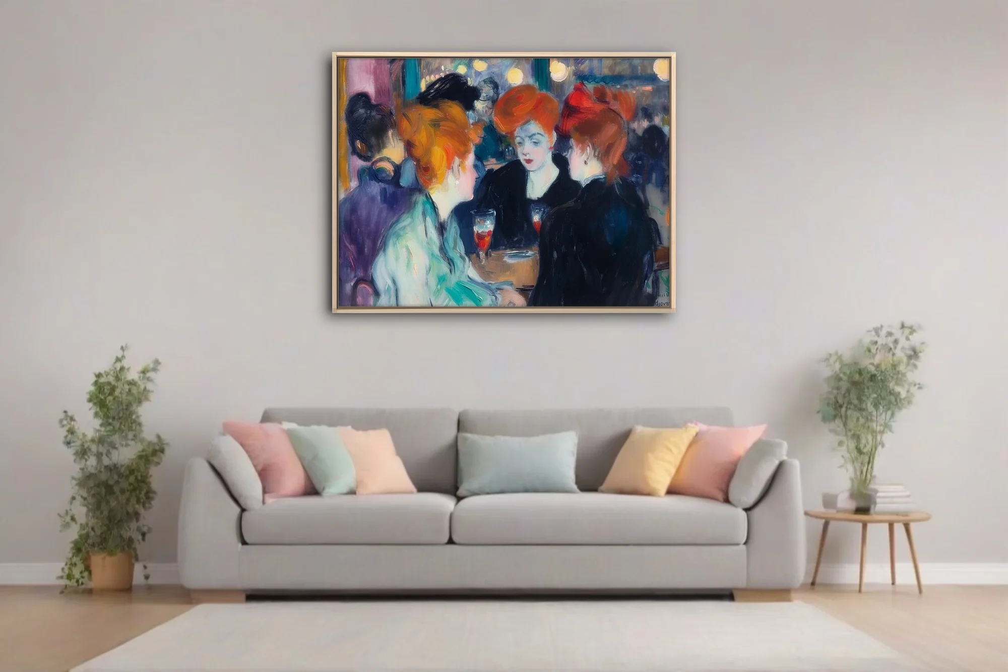 Expressive painterly café scene with copper-haired women, jewel tones and glowing lamps in belle-époque style