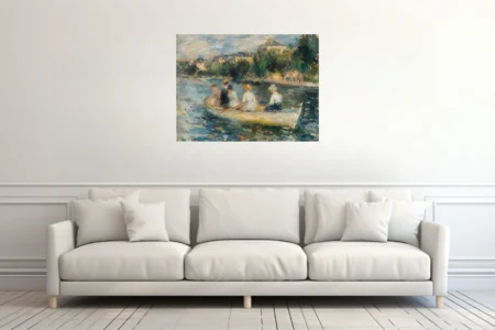 Soft painterly river boating scene in dappled blues and ochres with figures rowing past a tree-lined bank