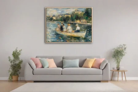 Soft painterly river boating scene in dappled blues and ochres with figures rowing past a tree-lined bank