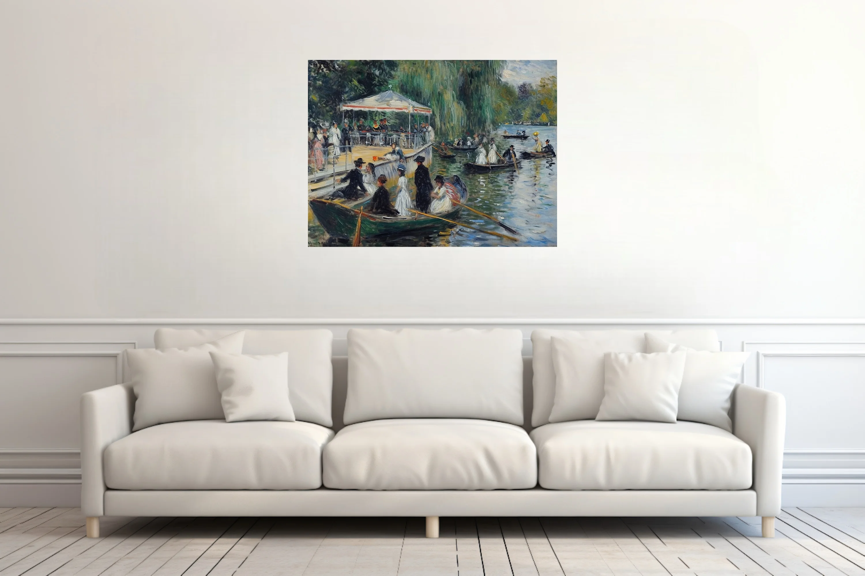Soft painterly riverside boating scene with figures, rowboats, and willow-draped greens in Belle Époque style