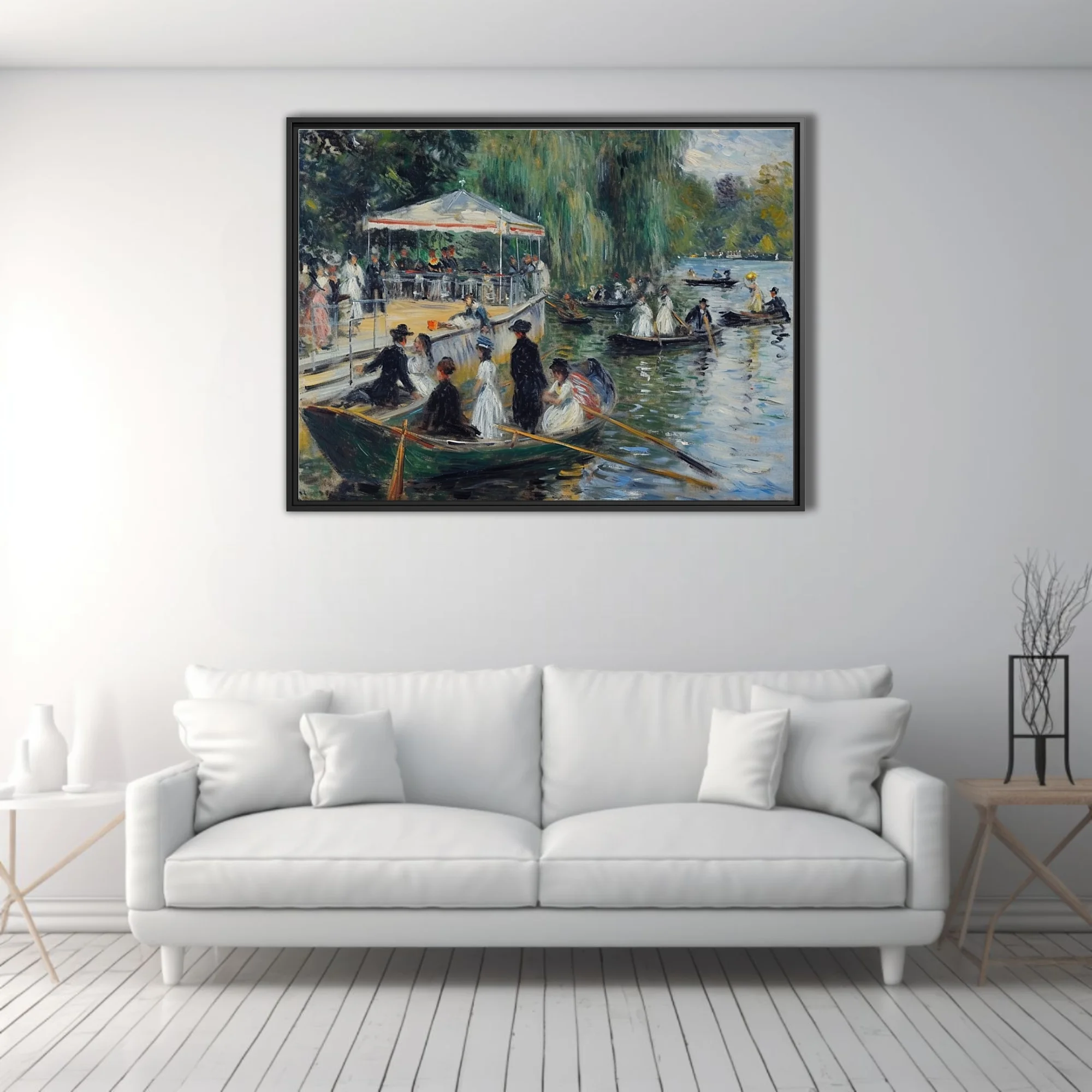 Soft painterly riverside boating scene with figures, rowboats, and willow-draped greens in Belle Époque style