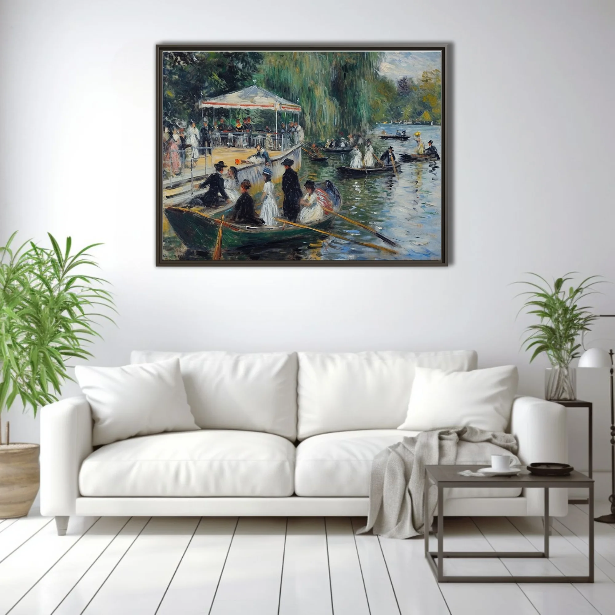 Soft painterly riverside boating scene with figures, rowboats, and willow-draped greens in Belle Époque style