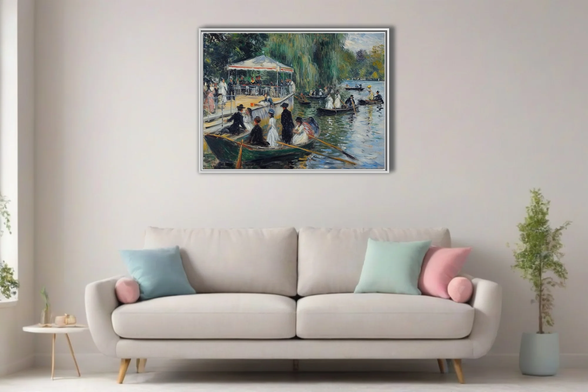 Soft painterly riverside boating scene with figures, rowboats, and willow-draped greens in Belle Époque style