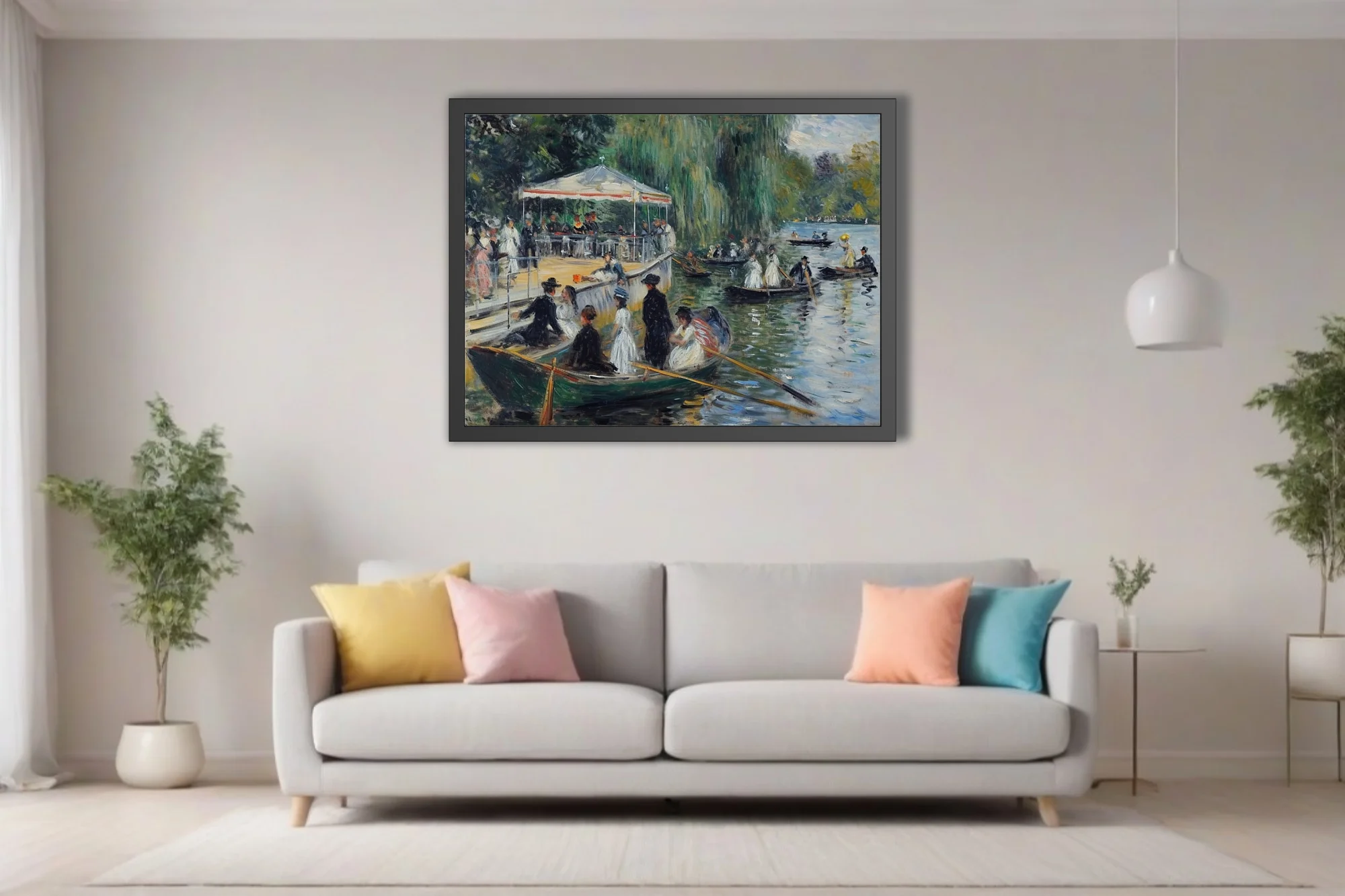 Soft painterly riverside boating scene with figures, rowboats, and willow-draped greens in Belle Époque style