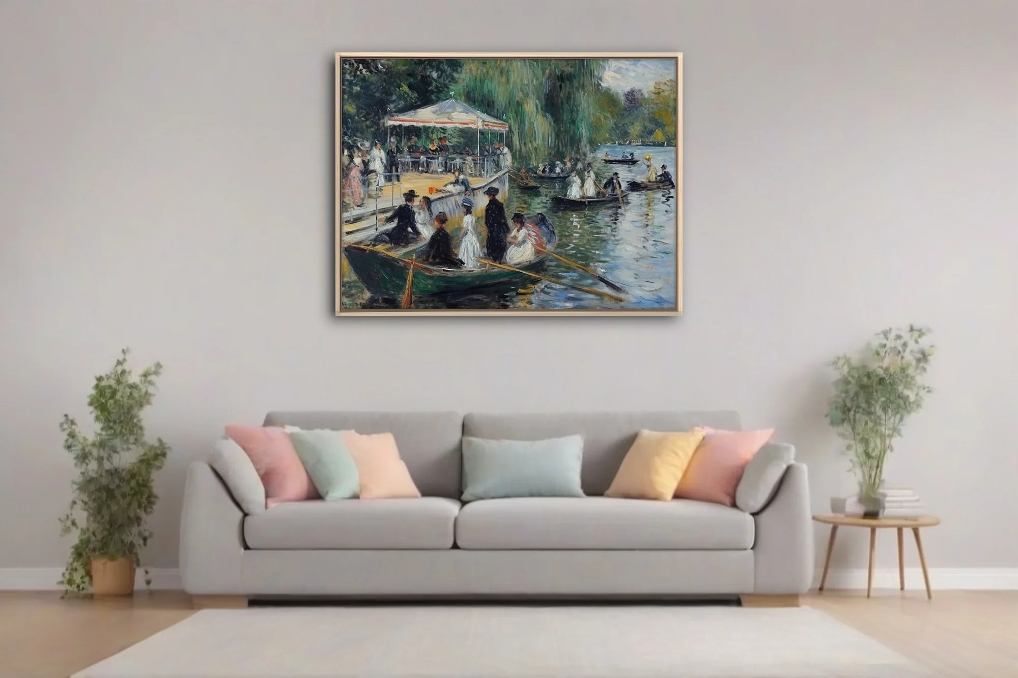 Soft painterly riverside boating scene with figures, rowboats, and willow-draped greens in Belle Époque style