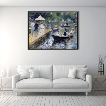 Soft painterly boating scene with figures in summer dress, dappled greens and cobalt water in plein-air light
