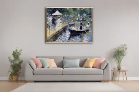 Soft painterly boating scene with figures in summer dress, dappled greens and cobalt water in plein-air light