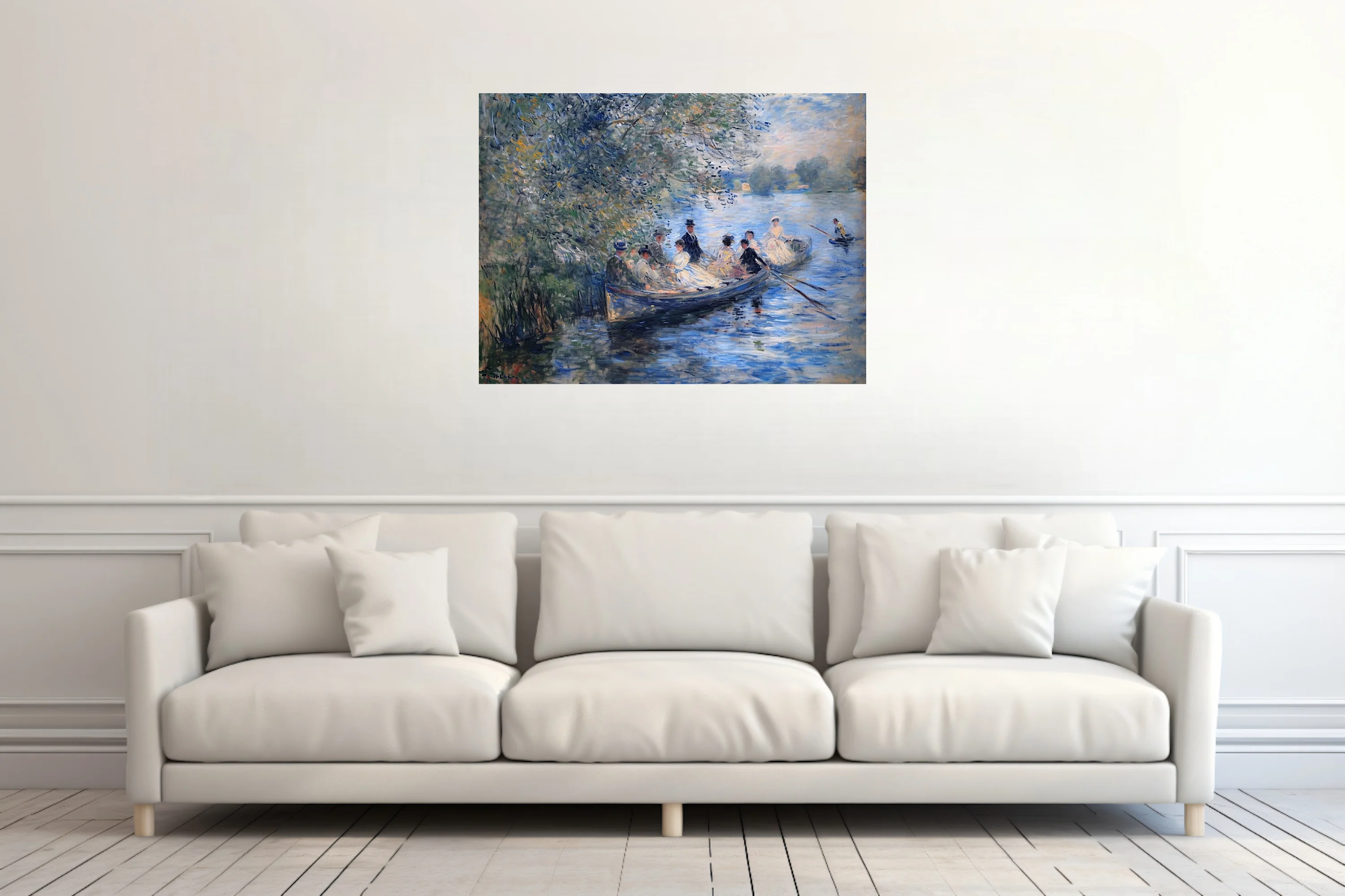 Soft painterly river boating scene with figures under leafy trees, dappled blues and creams in painterly strokes