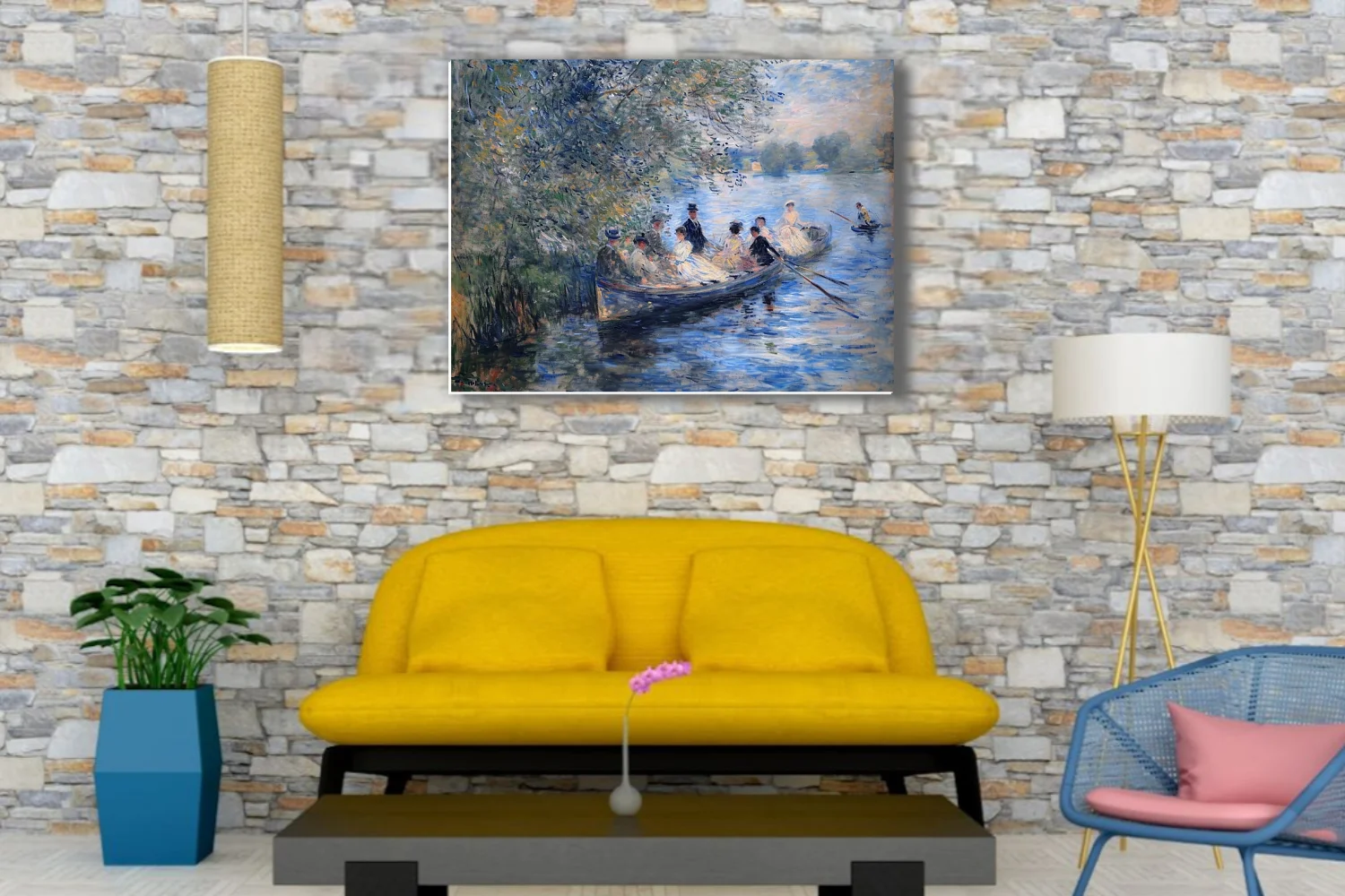Soft painterly river boating scene with figures under leafy trees, dappled blues and creams in painterly strokes