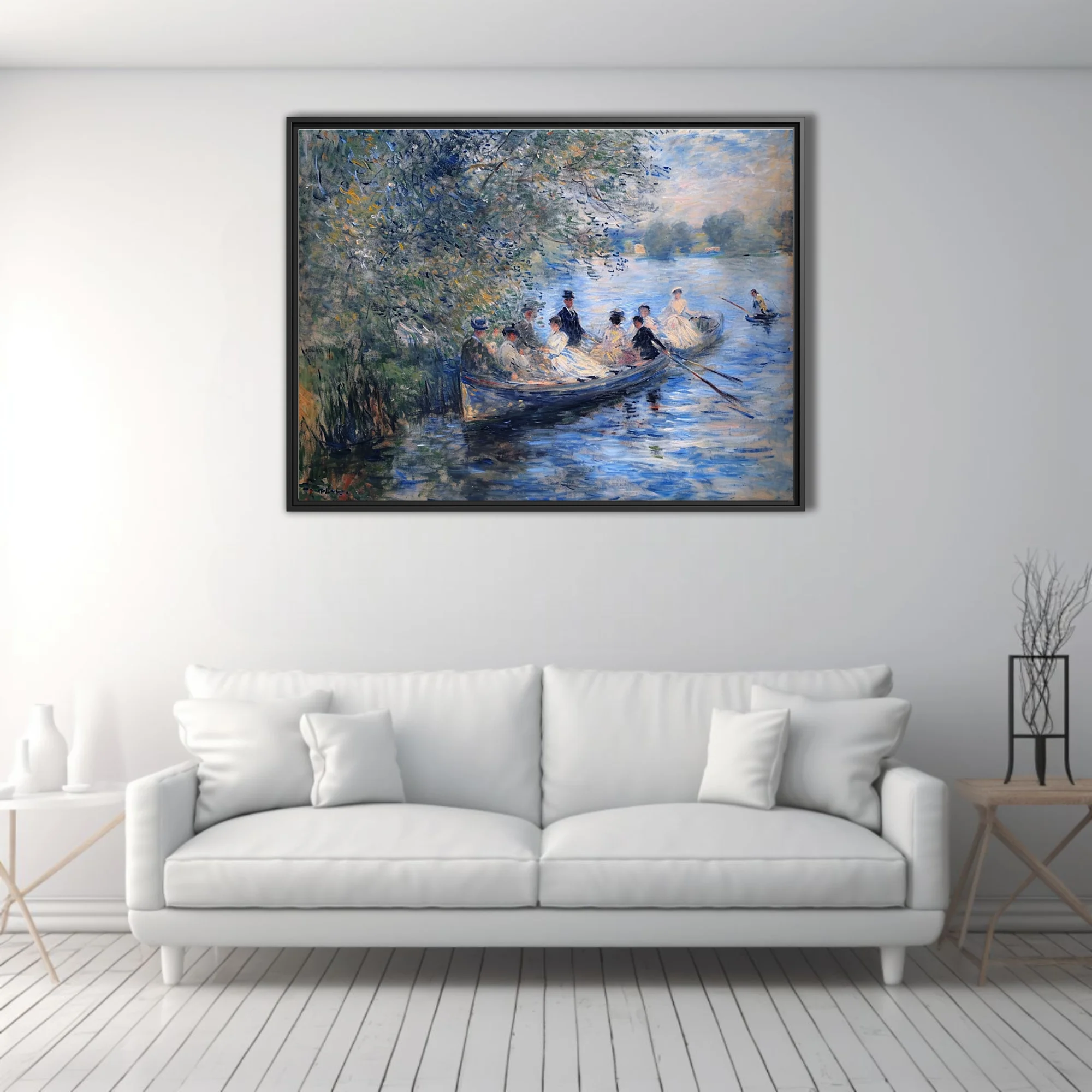 Soft painterly river boating scene with figures under leafy trees, dappled blues and creams in painterly strokes