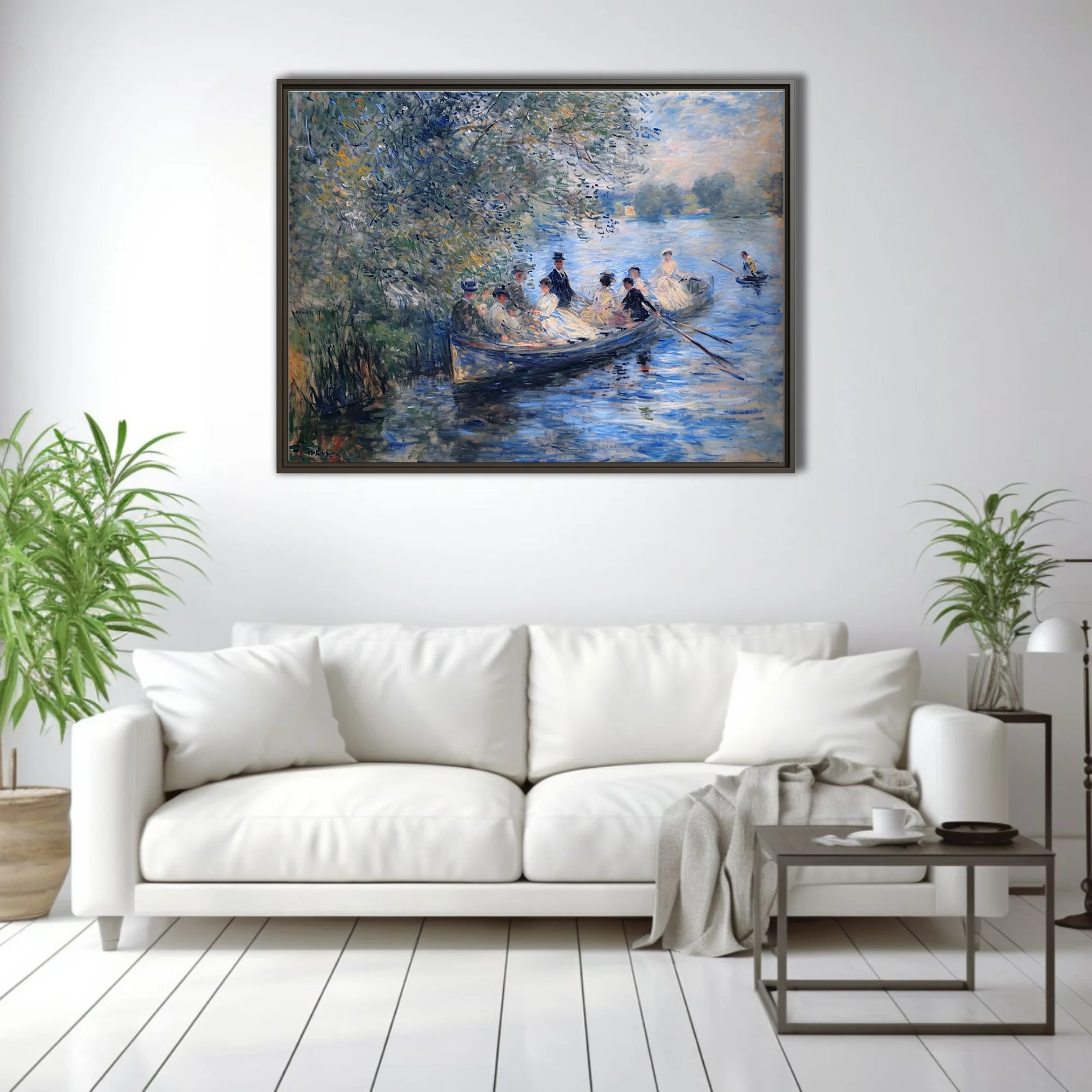 Soft painterly river boating scene with figures under leafy trees, dappled blues and creams in painterly strokes