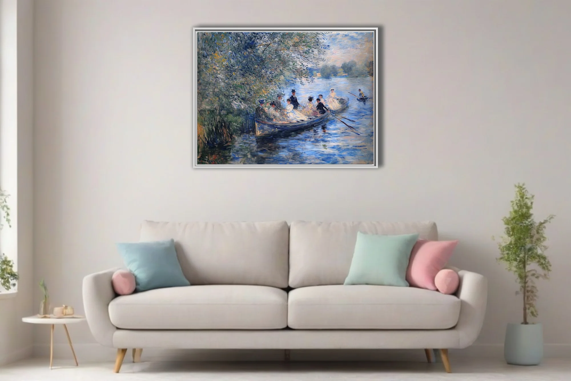 Soft painterly river boating scene with figures under leafy trees, dappled blues and creams in painterly strokes
