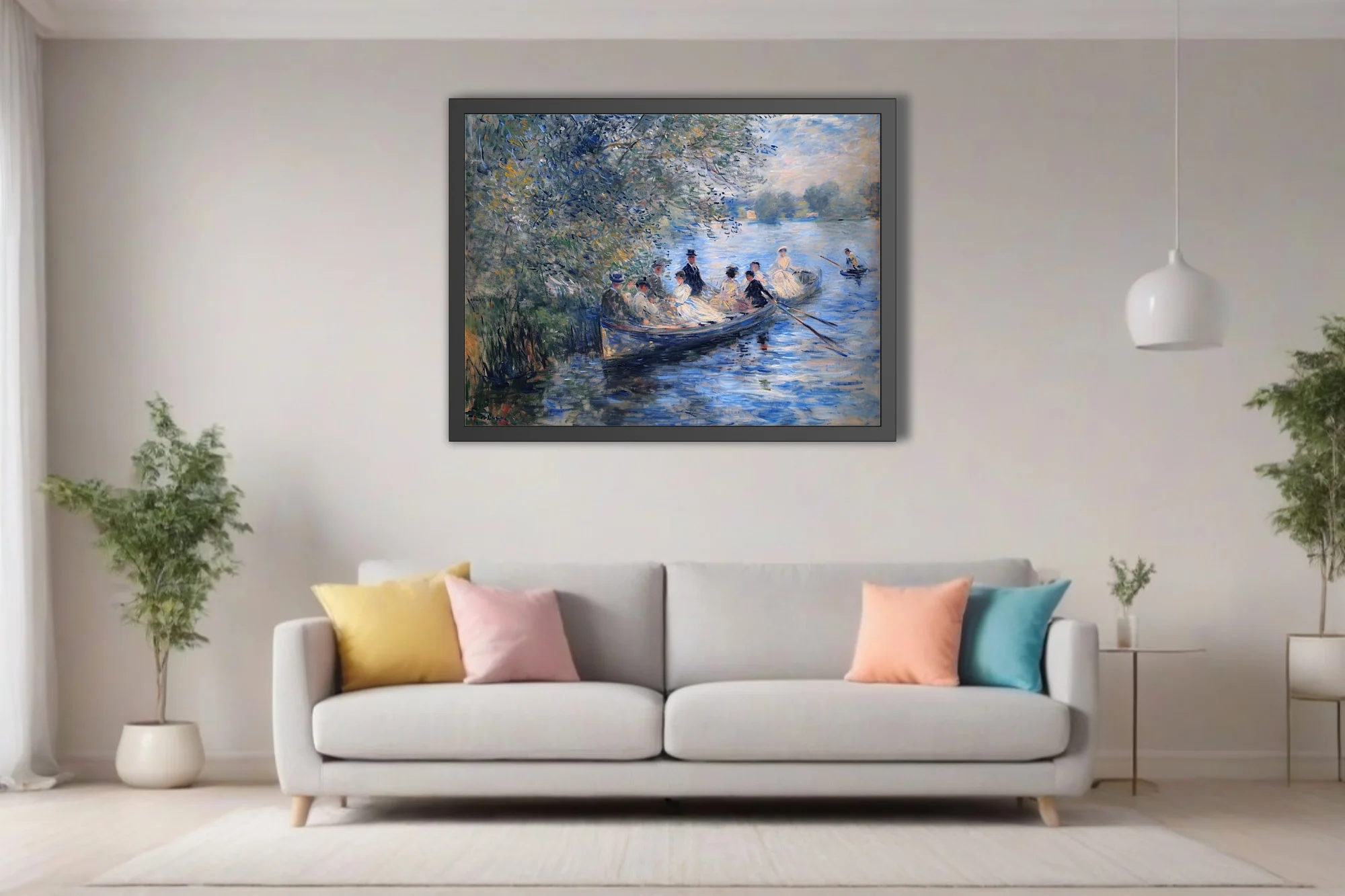 Soft painterly river boating scene with figures under leafy trees, dappled blues and creams in painterly strokes