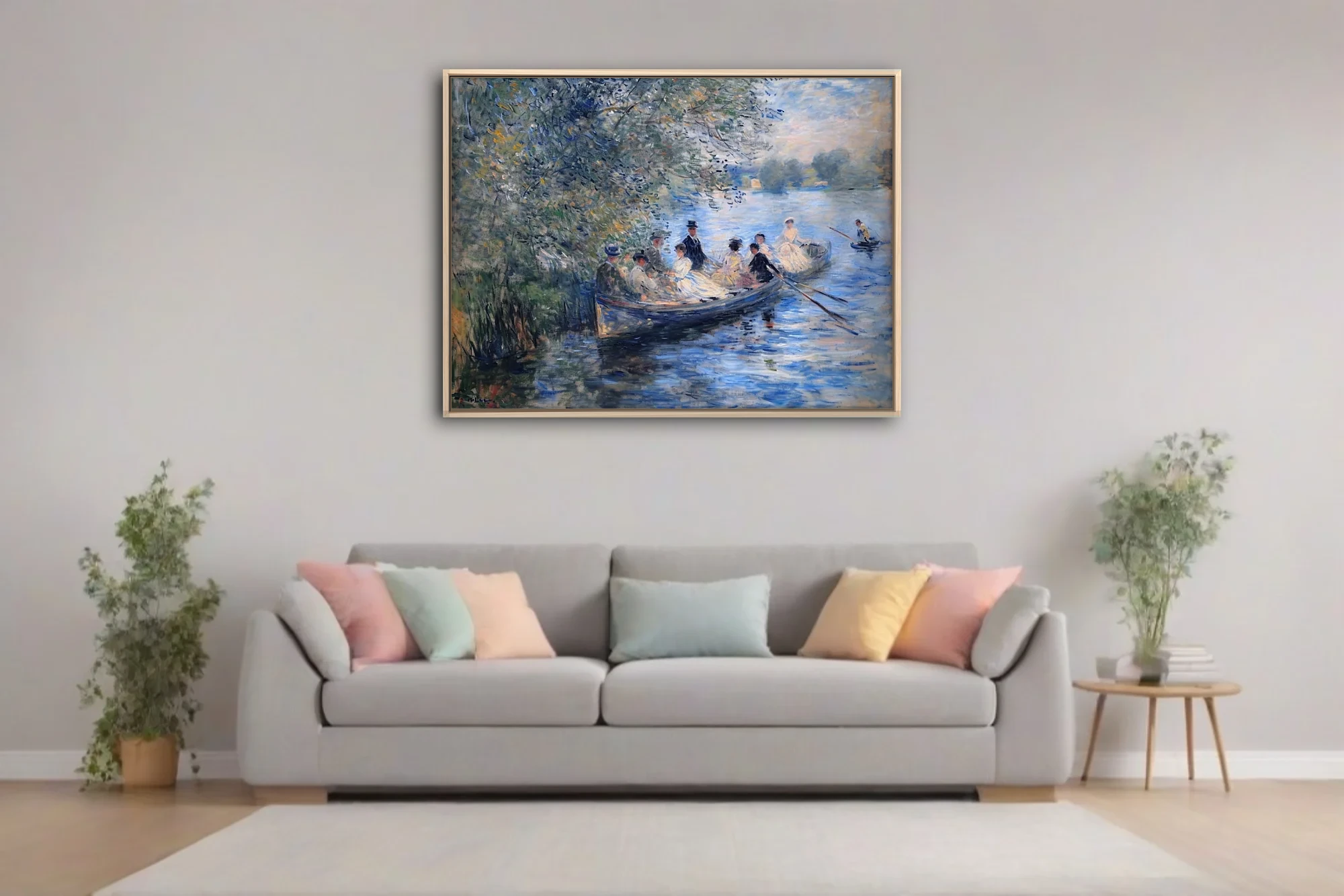 Soft painterly river boating scene with figures under leafy trees, dappled blues and creams in painterly strokes