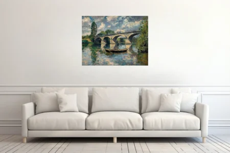 Soft painterly stone bridge over river with rowboat, dappled blues and greens, plein-air landscape