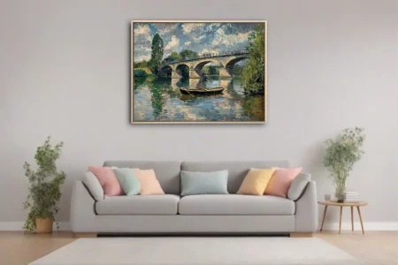 Soft painterly stone bridge over river with rowboat, dappled blues and greens, plein-air landscape