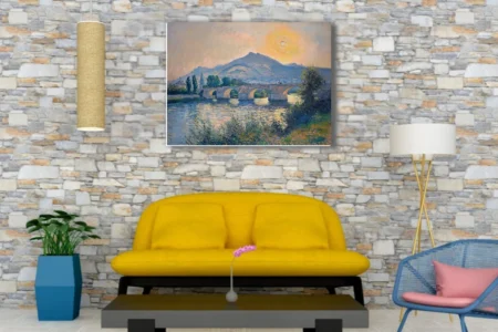 Soft painterly stone bridge landscape with golden sun, cobalt river, and distant mountain village
