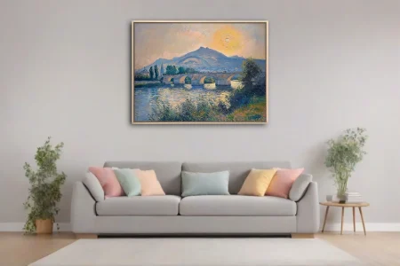 Soft painterly stone bridge landscape with golden sun, cobalt river, and distant mountain village