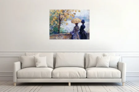 Soft painterly riverside scene with parasol and autumn foliage in ochre, navy, and pale blue tones