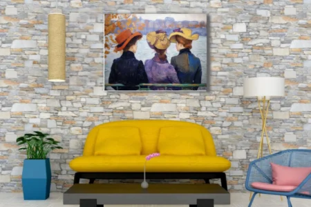 Expressive painterly scene of women in wide-brimmed hats by a Parisian river in autumn