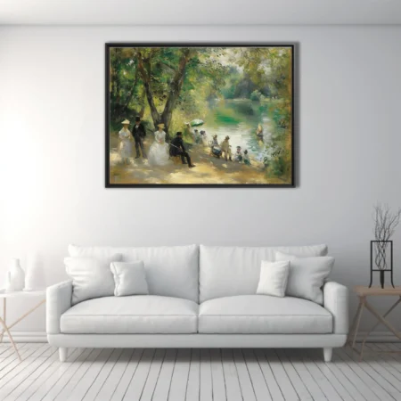Soft painterly riverside scene with period figures in greens, creams and dappled summer light
