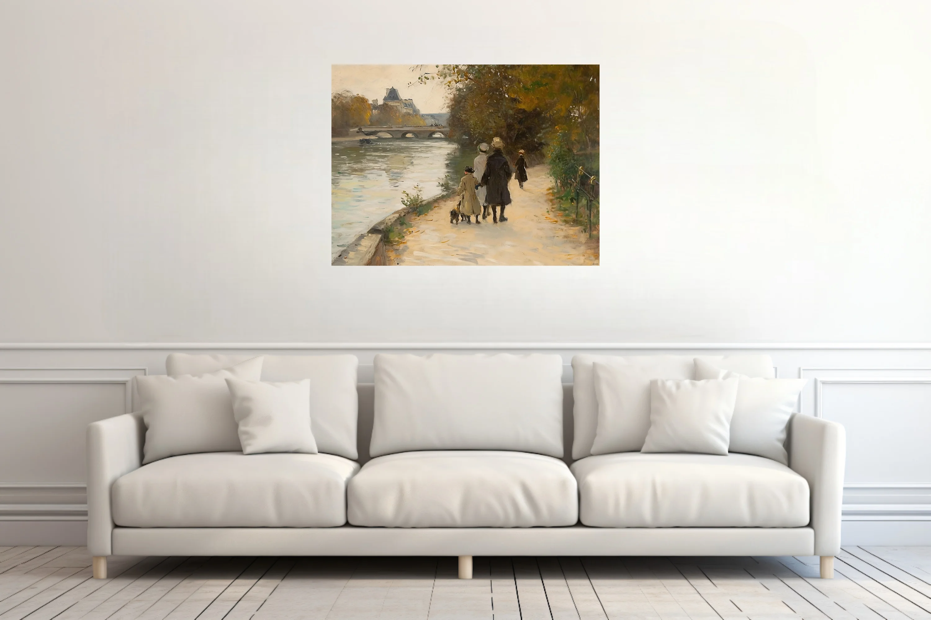 Soft painterly riverside promenade with figures, stone bridge, autumn trees in muted ochres and greens
