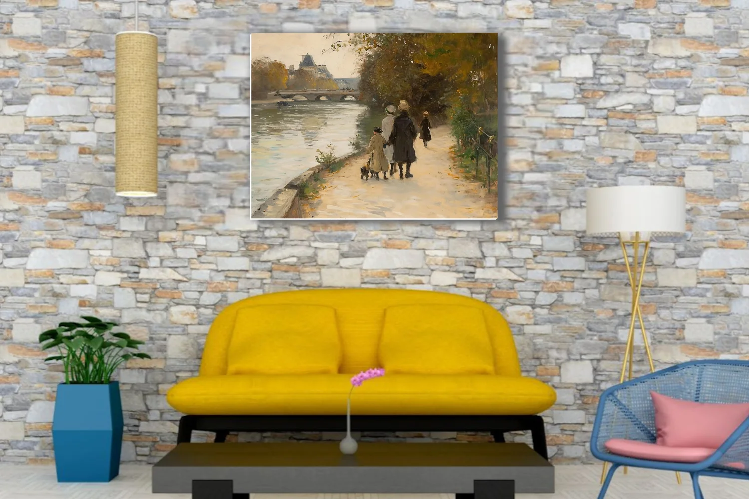 Soft painterly riverside promenade with figures, stone bridge, autumn trees in muted ochres and greens