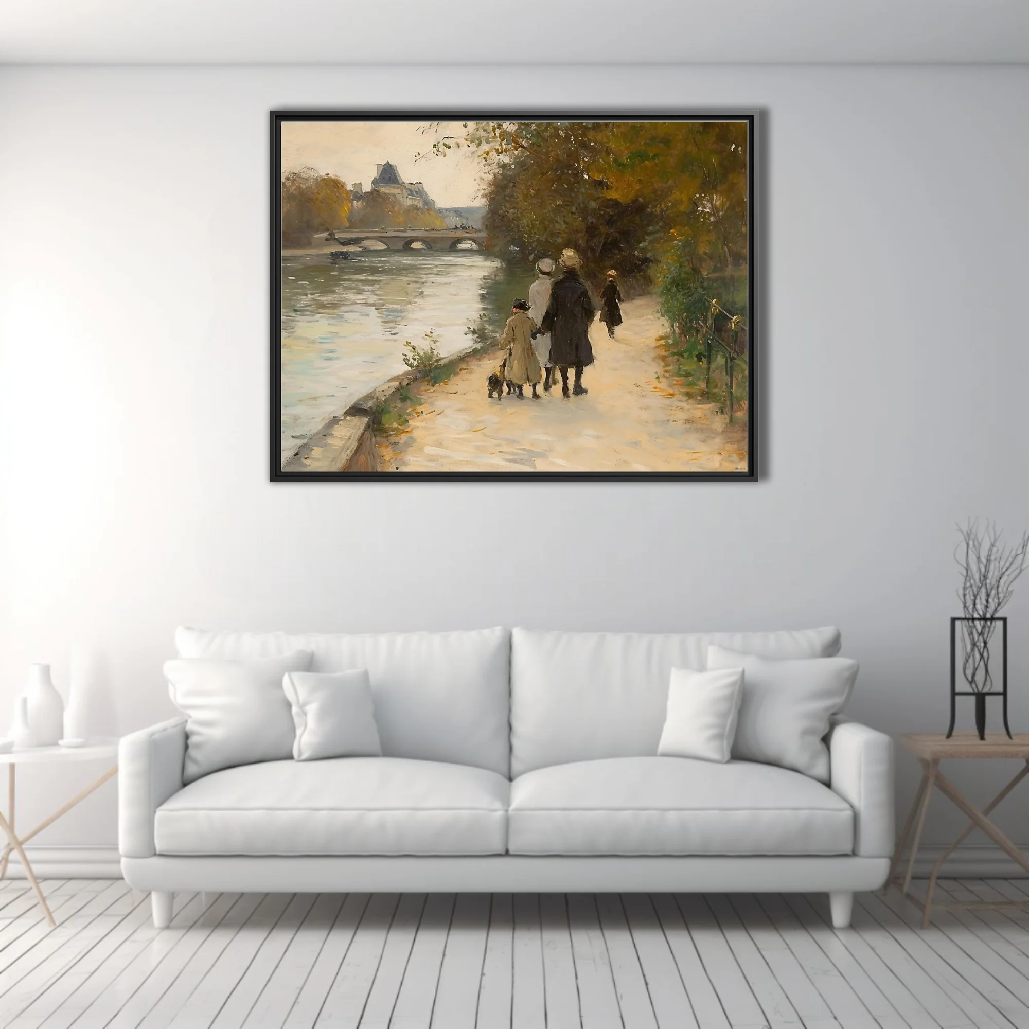 Soft painterly riverside promenade with figures, stone bridge, autumn trees in muted ochres and greens