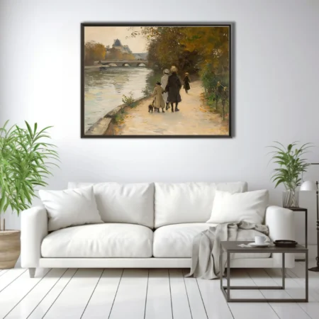 Soft painterly riverside promenade with figures, stone bridge, autumn trees in muted ochres and greens