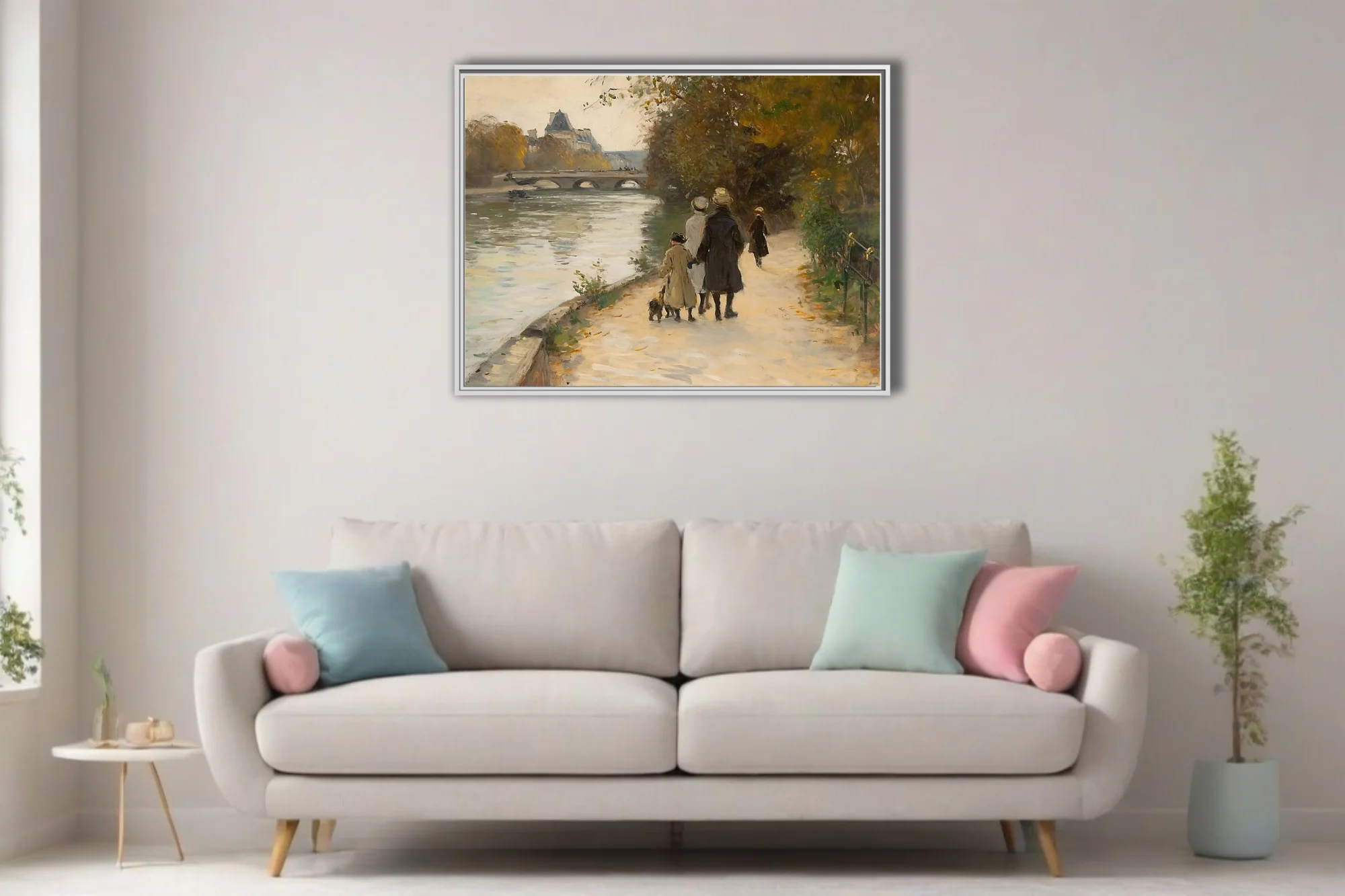 Soft painterly riverside promenade with figures, stone bridge, autumn trees in muted ochres and greens