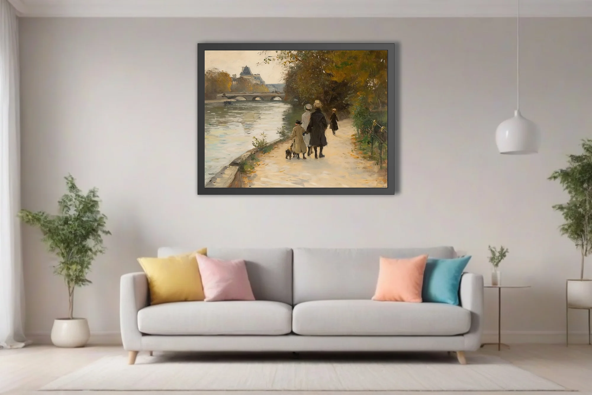 Soft painterly riverside promenade with figures, stone bridge, autumn trees in muted ochres and greens