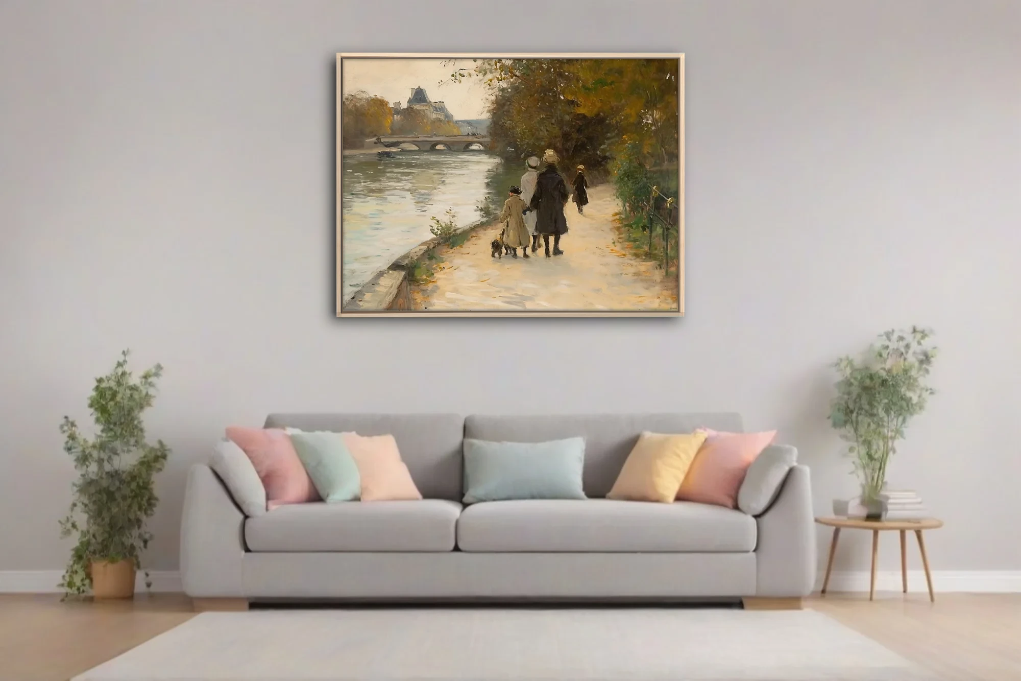 Soft painterly riverside promenade with figures, stone bridge, autumn trees in muted ochres and greens