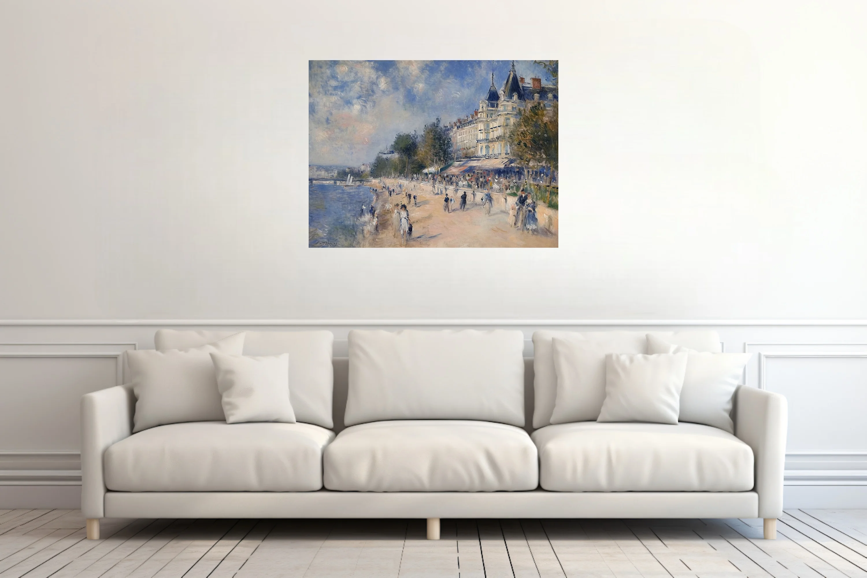 Soft painterly riverside promenade with strolling figures, mansard architecture, dappled blue and cream palette