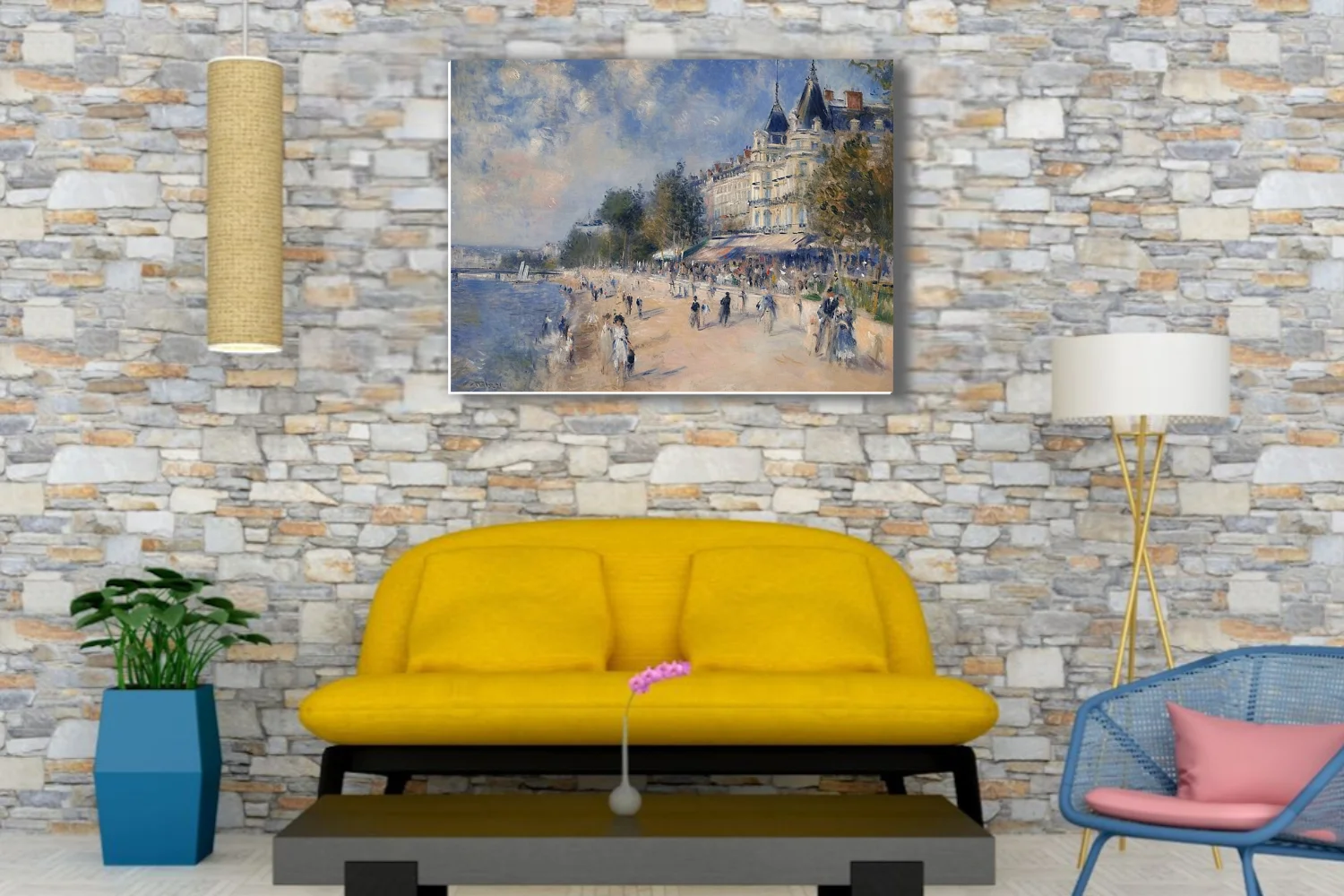 Soft painterly riverside promenade with strolling figures, mansard architecture, dappled blue and cream palette
