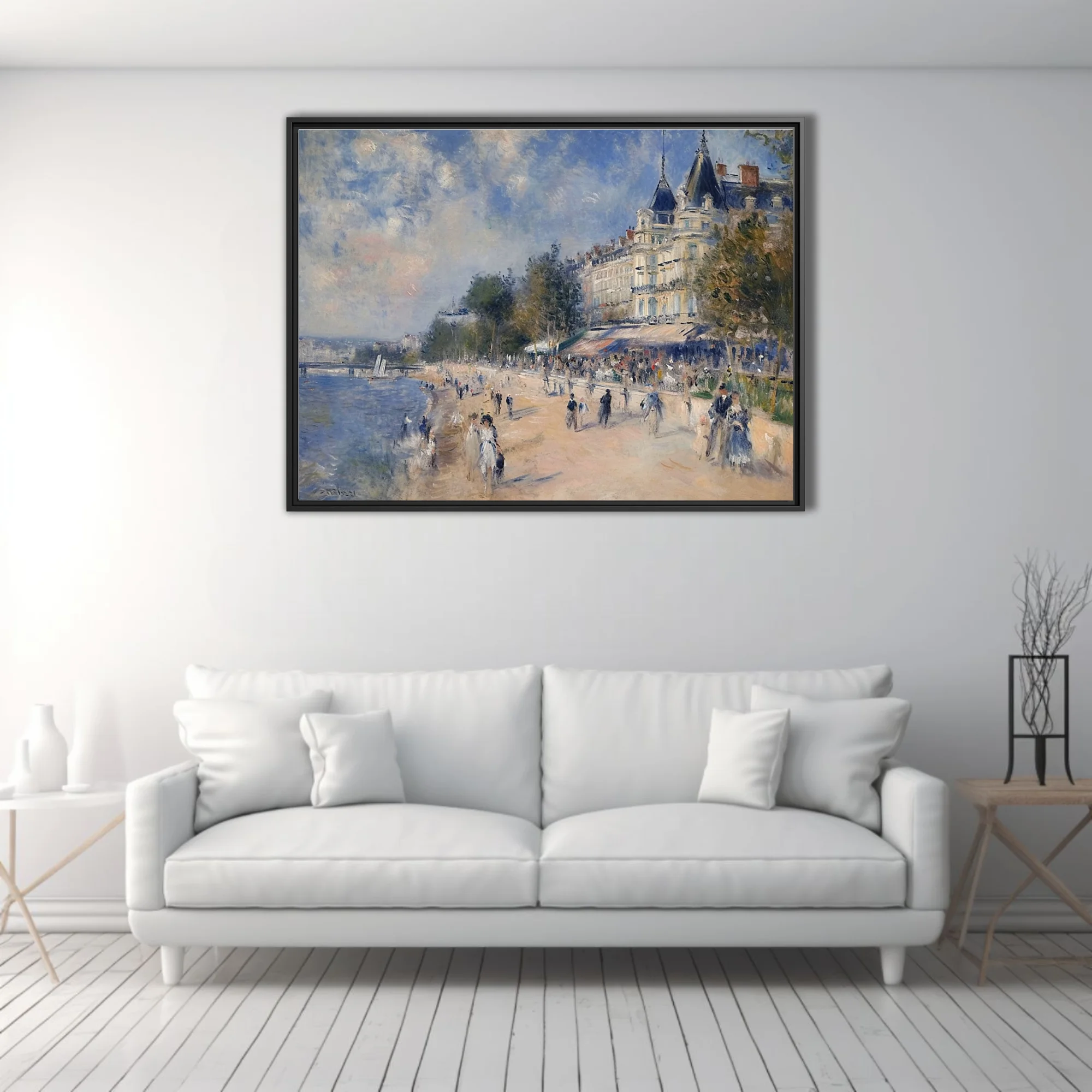 Soft painterly riverside promenade with strolling figures, mansard architecture, dappled blue and cream palette