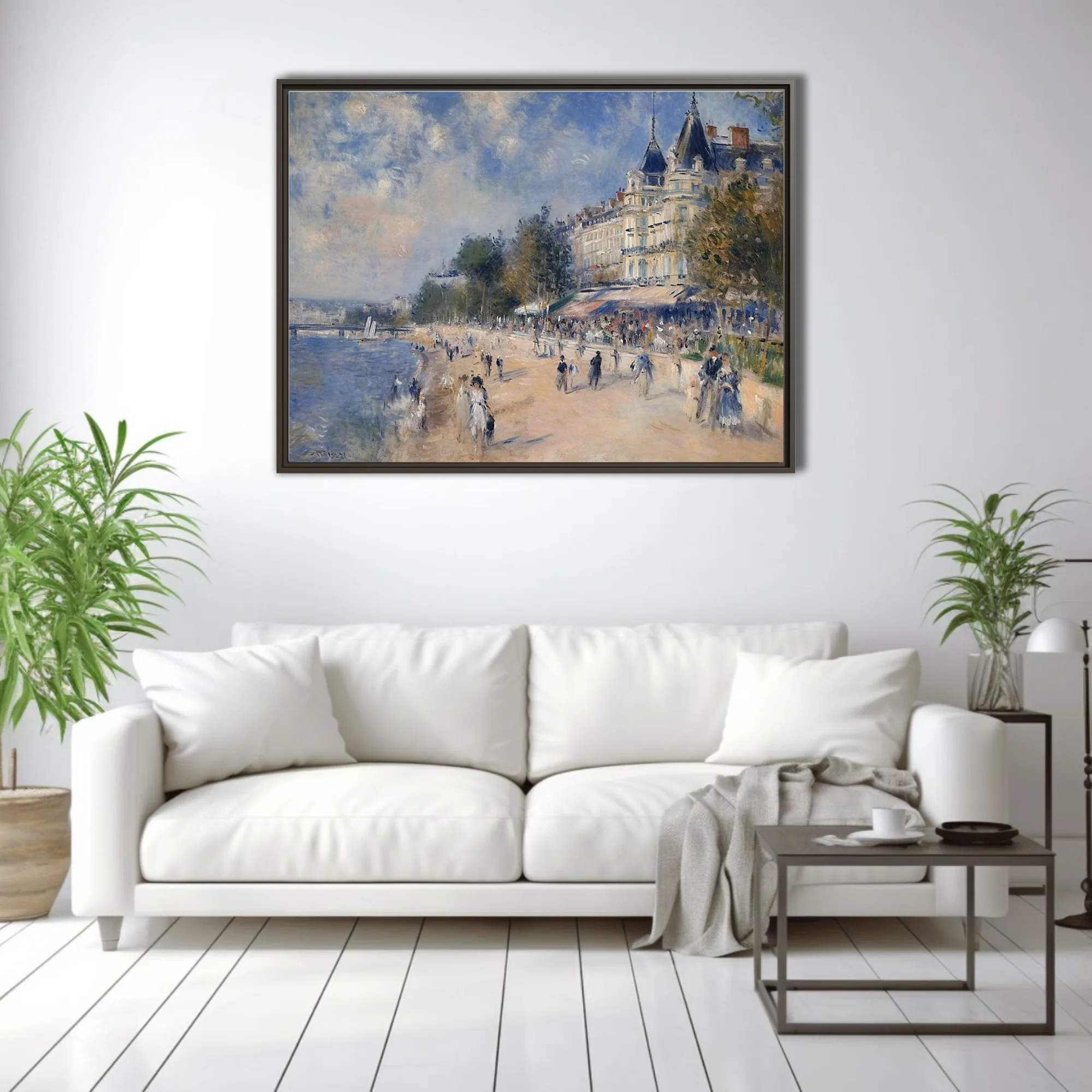 Soft painterly riverside promenade with strolling figures, mansard architecture, dappled blue and cream palette