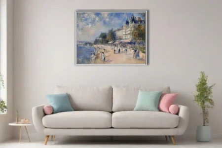 Soft painterly riverside promenade with strolling figures, mansard architecture, dappled blue and cream palette