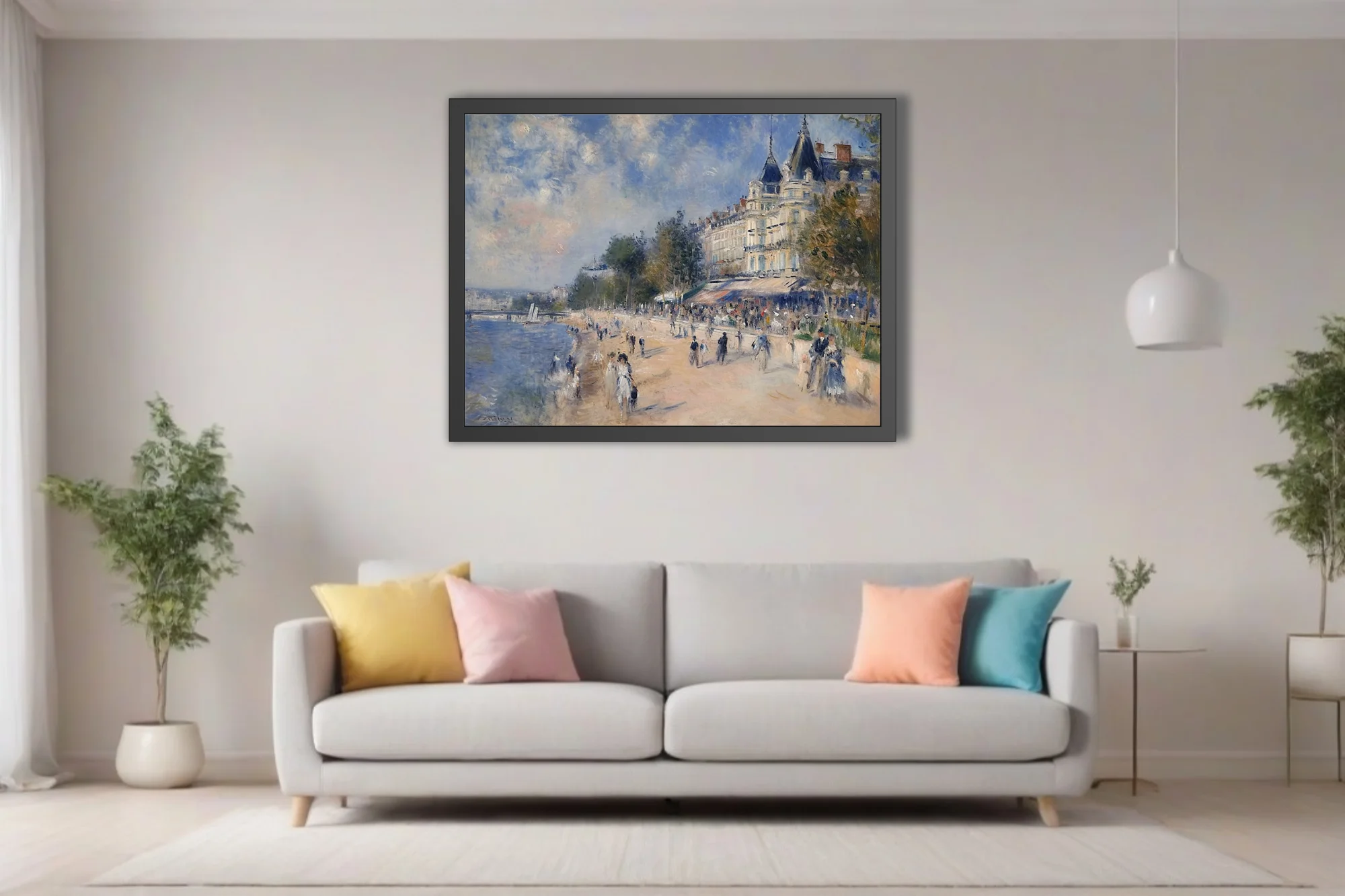 Soft painterly riverside promenade with strolling figures, mansard architecture, dappled blue and cream palette